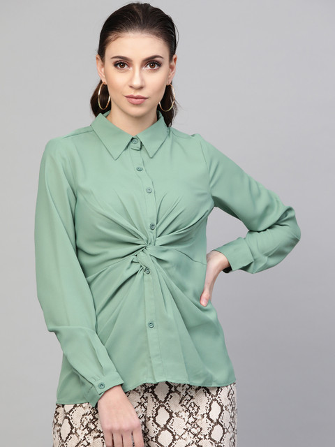 

SASSAFRAS Women Green Solid Twisted Shirt Style Top