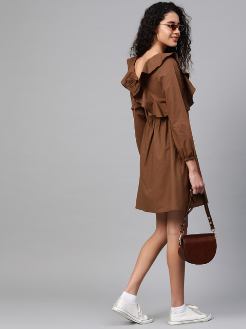 

SASSAFRAS Women Brown Solid A-Line Styled Back Dress