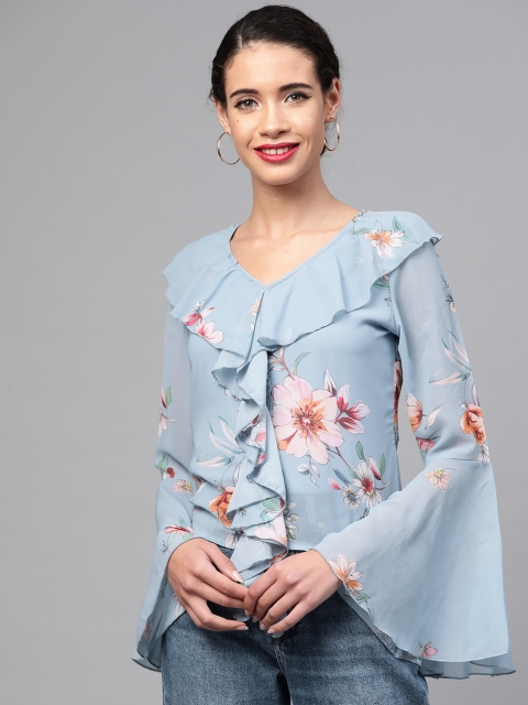 

SASSAFRAS Women Blue & Peach-Coloured Floral Print Regular Top