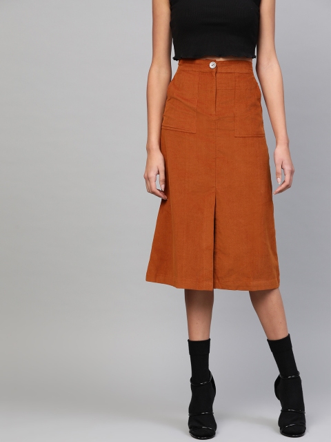 

SASSAFRAS Women Rust Orange Solid A-Line Corduroy Skirt
