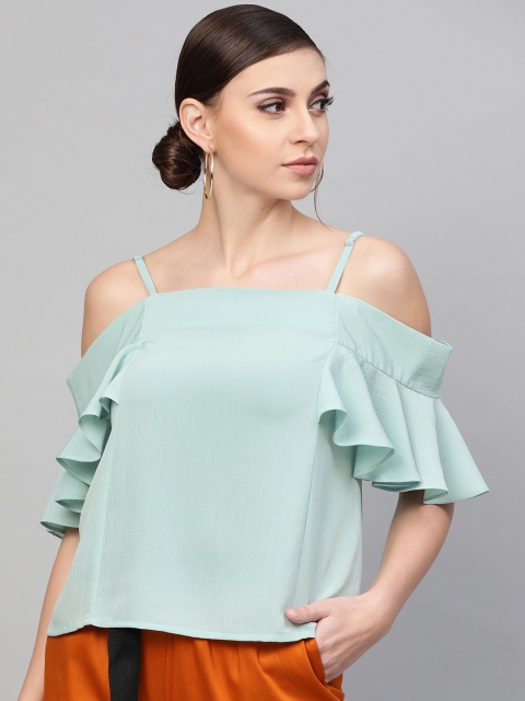 

SASSAFRAS Women Sea Green Solid Cold-Shoulder Top