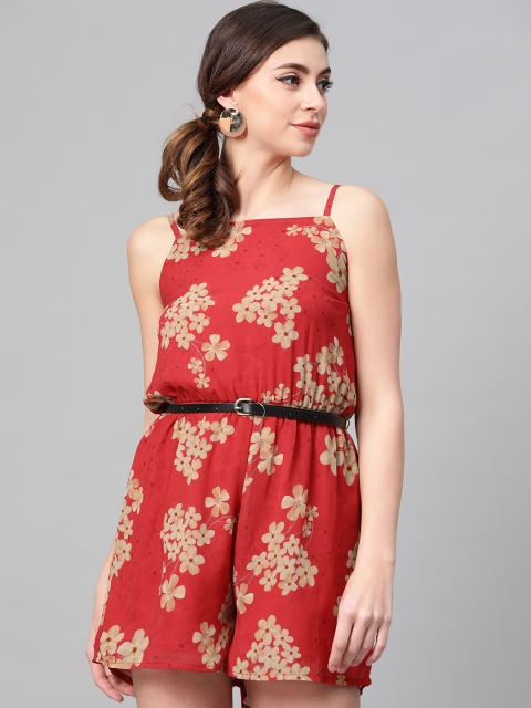 

SASSAFRAS Women Red & Beige Printed Playsuit