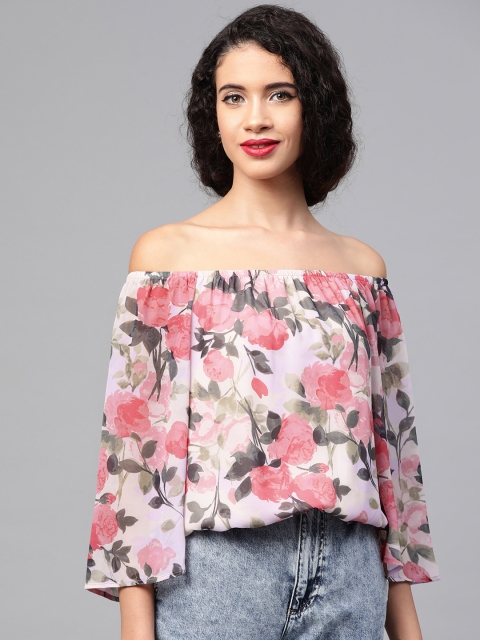 

SASSAFRAS Women Pink & Green Floral Print Bardot Top