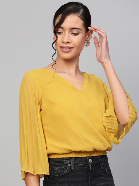 

SASSAFRAS Women Mustard Yellow Solid Crop Wrap Top