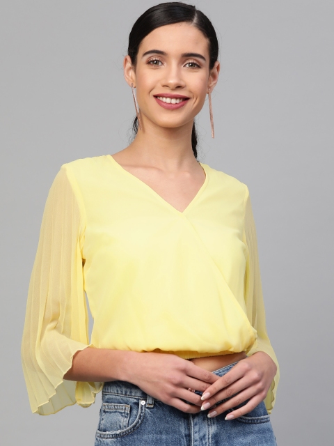 

SASSAFRAS Women Yellow Solid Cropped Wrap Top