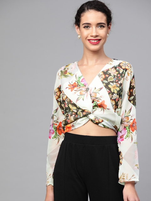 

SASSAFRAS Women Cream-Coloured Floral Print Blouson Crop Top