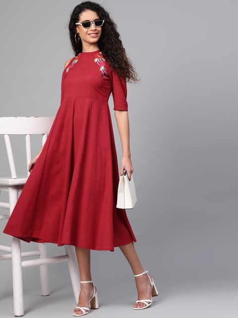 

SASSAFRAS Women Maroon Embroidered Detail Cold-Shoulder A-Line Dress