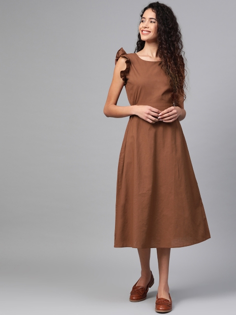 

SASSAFRAS Women Brown Solid Styled Back A-Line Dress