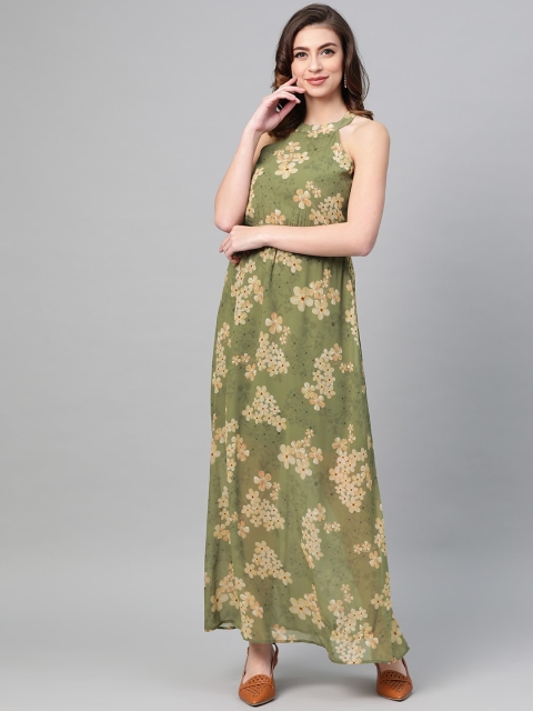 

SASSAFRAS Women Green& Beige Floral Printed Maxi Dress