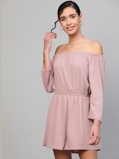 

SASSAFRAS Women Dusty Pink Solid Off-Shoulder Playsuit