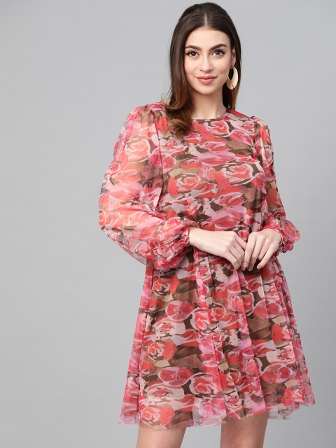 

SASSAFRAS Women Pink Floral Printed A-Line Dress