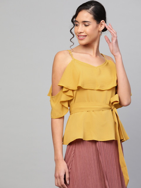 

SASSAFRAS Women Mustard Yellow Solid Cold-Shoulder A-Line Top