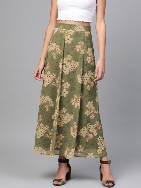 

SASSAFRAS Women Green & Beige Printed Maxi A-Line Skirt