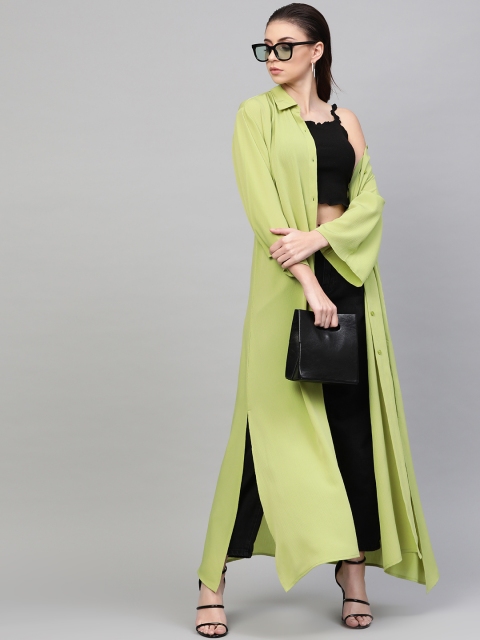 Women Green Solid Longline Shirt Style Shrug
