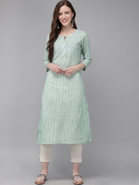 

MIMOSA Women Mint Green & White Striped Straight Kurta