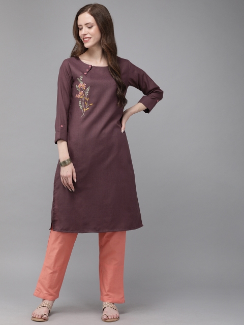 

MIMOSA Women Burgundy Solid Straight Kurta With Embroidered Detail