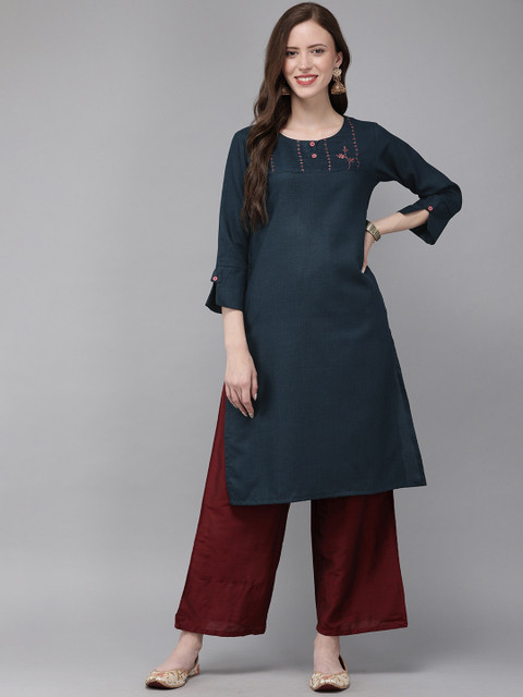 

MIMOSA Women Navy Blue Solid Straight Kurta With Embroidered Detail