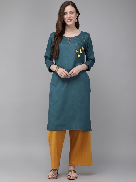 

MIMOSA Women Teal Blue Solid Straight Kurta