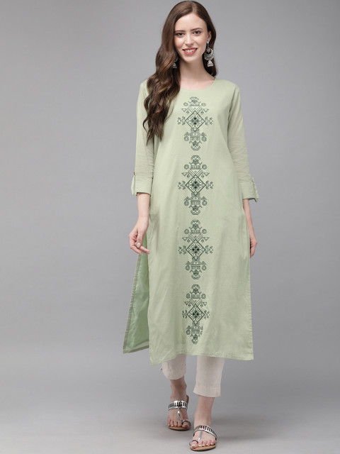 

MIMOSA Women Green Embroidered Straight Kurta