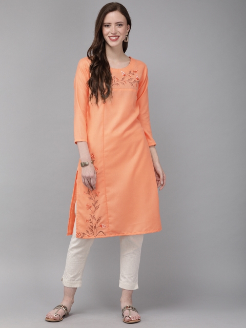 

MIMOSA Women Peach-Coloured Embroidered Straight Kurta