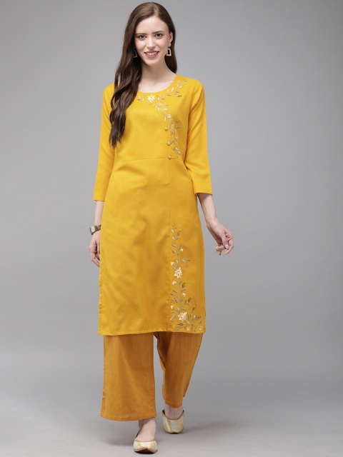 

MIMOSA Women Mustard Yellow Embroidered Straight Kurta