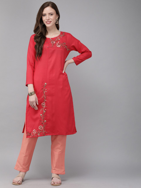 

MIMOSA Women Pink Floral Embroidered Straight Kurta