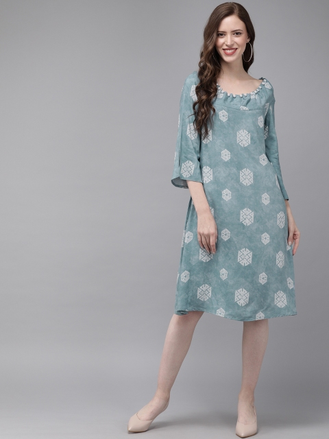 

MIMOSA Women Blue & White Embellished A-Line Dress