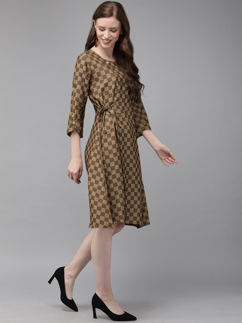 

MIMOSA Women Brown & Beige Checked A-Line Dress with Tie-Up Detailing