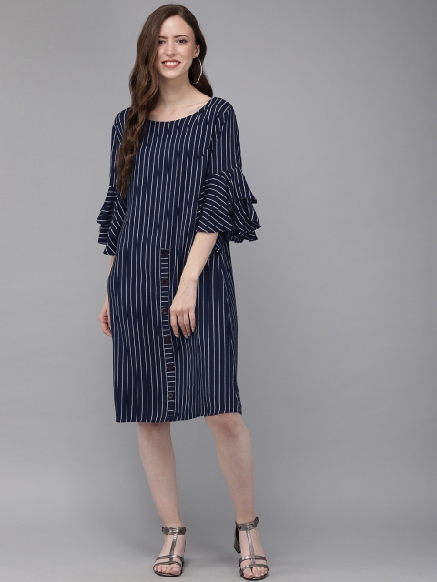 

MIMOSA Women Navy Blue & White Printed A-Line Dress