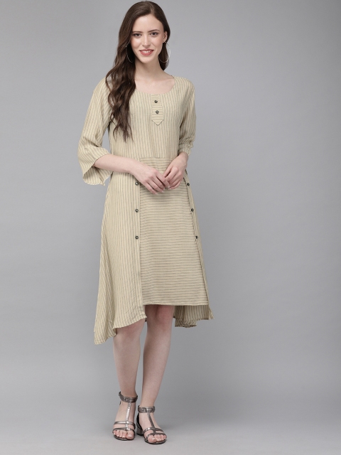 

MIMOSA Women Beige & Navy Blue Striped A-Line Dress