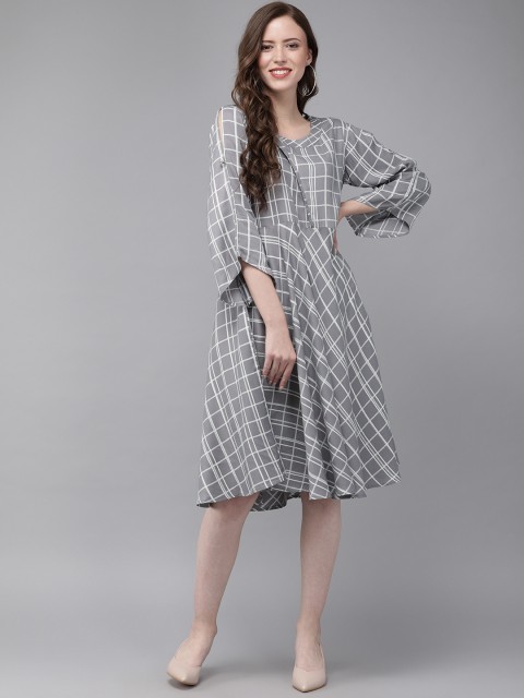 

MIMOSA Women Grey & Off White Checked Fit and Flare Dress