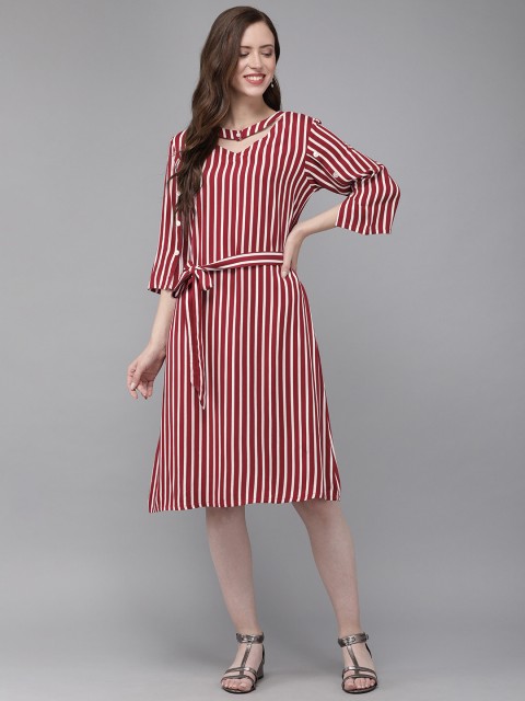 

MIMOSA Women Maroon & Off White Striped A-Line Dress