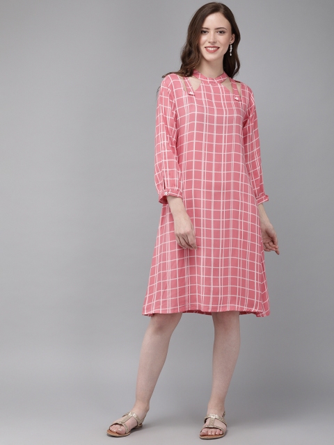 

MIMOSA Women Pink & White Checked A-Line Dress