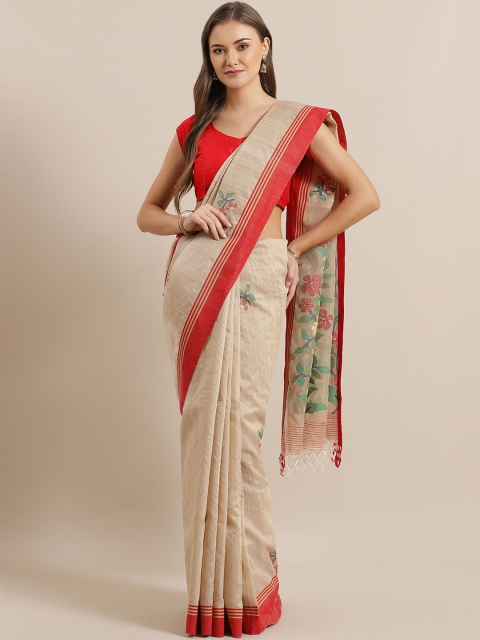 

ADITRI Beige & Red Pure Silk Woven Design Jamdani Saree