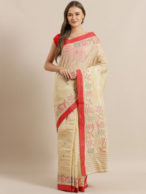 

ADITRI Cream-Coloured & Red Pure Silk Woven Design Handloom Jamdani Saree