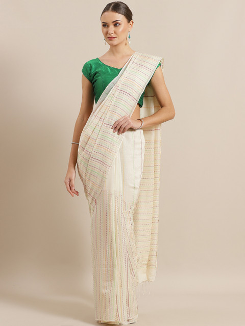 

ADITRI Off-White Striped Handloom Saree