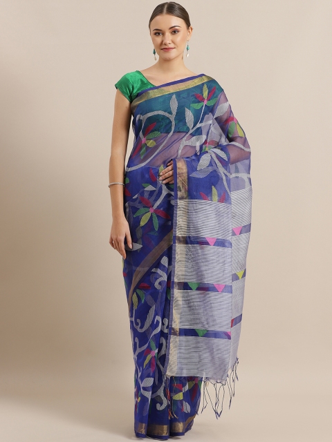 

ADITRI Blue & Pink Pure Silk Woven Design Jamdani Saree