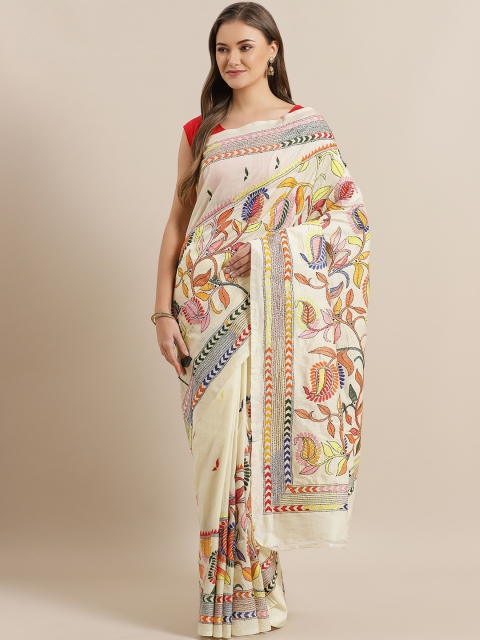

ADITRI Cream-Coloured & Orange Pure Silk Kantha Embroidered Tussar Saree