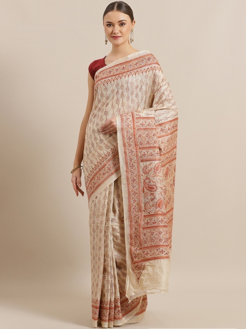 

ADITRI Beige & Orange Pure Silk Kantha-Work Embroidered Tussar Saree