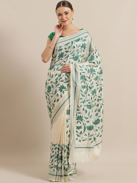 

ADITRI Off-White & Green Silk Kantha Woven Design Tussar Saree