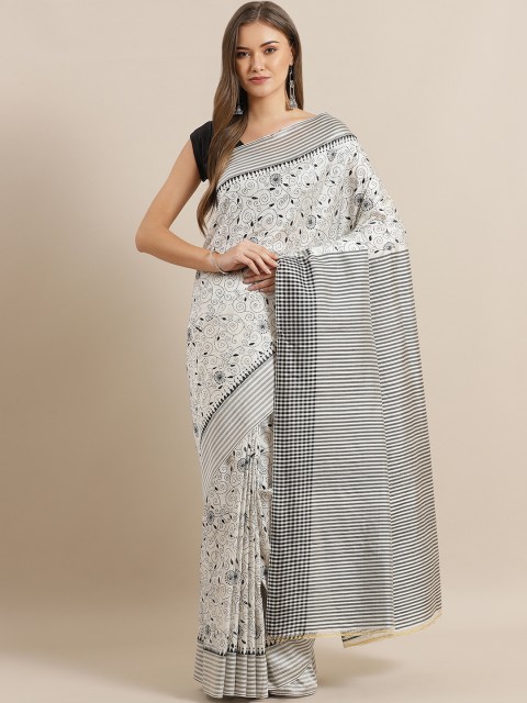 

ADITRI Off-White & Black Silk Kantha Embroidered Tussar Saree