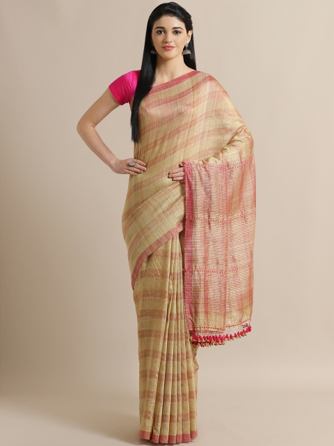 

ADITRI Beige & Pink Self-Striped Handloom Saree