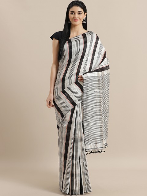 

ADITRI White & Black Self-Striped Handloom Saree