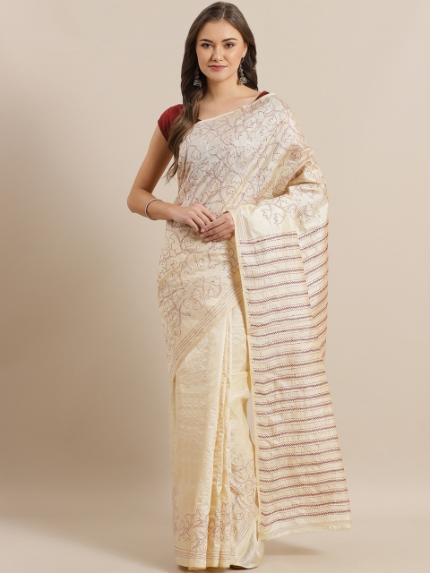 

ADITRI Cream-Coloured & Maroon Pure Silk Kantha Embroidered Tussar Saree