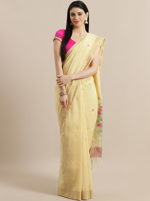 

ADITRI Cream-Coloured & Pink Cotton Blend Woven Design Jamdani Saree