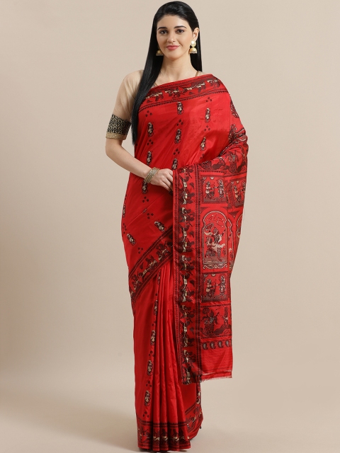 

ADITRI Red & Black Pure Silk Woven Design Baluchari Saree