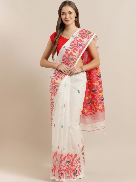 

ADITRI Off-White & Red Silk Woven Design Jamdani Saree