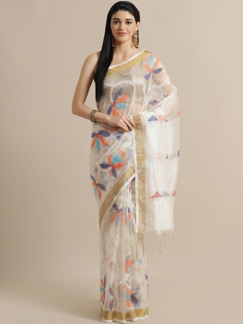 

ADITRI Off-White & Orange Silk Woven Design Jamdani Sheer Saree