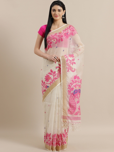 

ADITRI Off-White & Pink Silk Woven Design Jamdani Saree