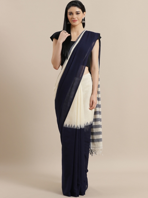 

ADITRI Navy Blue & Off-White Handloom Colourblocked Saree